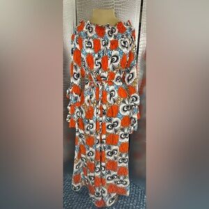 Saish Vibrant Orange Black Blue White Floral Ruffle Sleeve Pleated Dress
